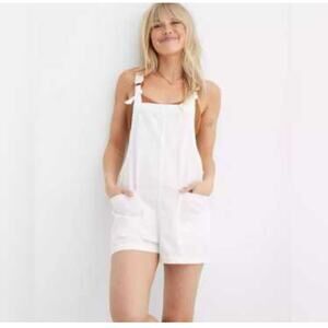 Aerie Beach White Denim Shortall Tie Straps Rolled Hems Overalls Romper Small